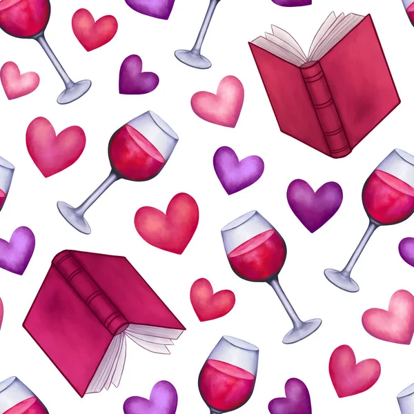 Model fără sudură cu cărți, sticlă de vin roșu și inimi. Ilustrație pentru cadouri de Ziua Îndrăgostiților, papetărie. Fundal romantic. — Fotografie, imagine de stoc