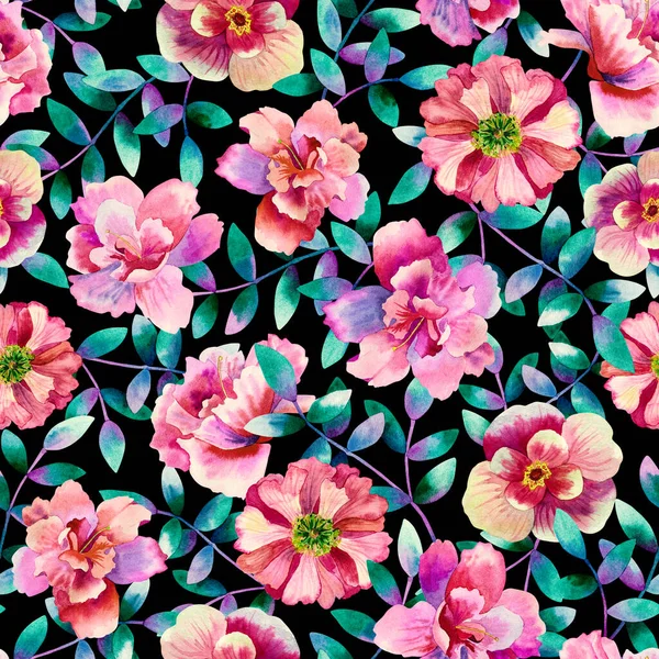 Blommig sömlös bakgrund. Mönster med vackra akvarellblommor. Botanisk handritad illustration. Textur för tryck, tyg, textil, förpackning. — Stockfoto