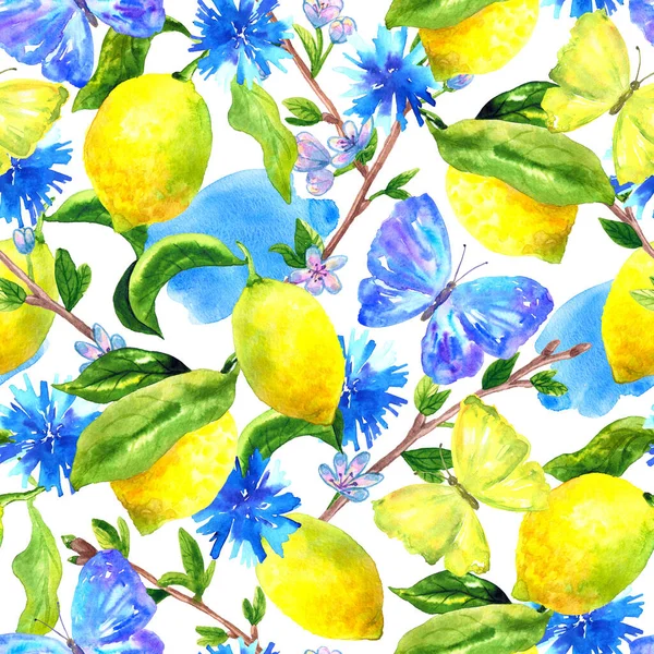 植物のシームレスなパターン。美しい水彩レモン蝶と枝の背景。自然手描きイラスト。印刷、繊維、カード、化粧品、梱包、紅茶用のテクスチャ. — ストック写真