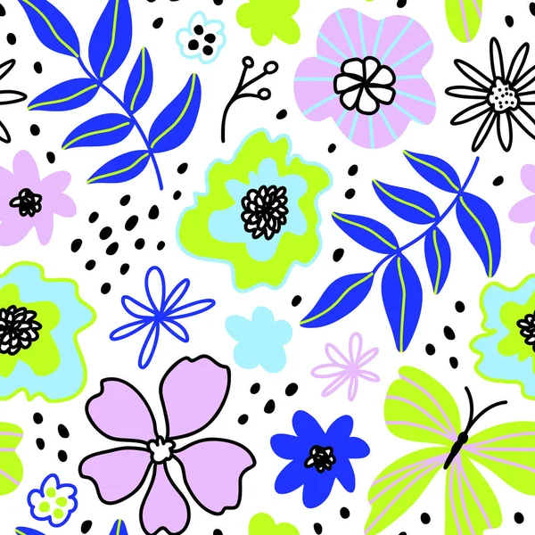 花のシームレスなパターン。花、葉、蝶。ベクトル背景。モダンなフラットスタイル、メンフィスかわいいデザイン。手描きイラスト。プリント、ファブリック、テキスタイル、壁紙のためのテクスチャ. — ストックベクタ