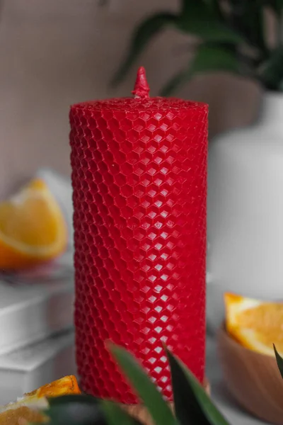 Red Bee Wax Candle Oranges White Vase — Stock Photo, Image