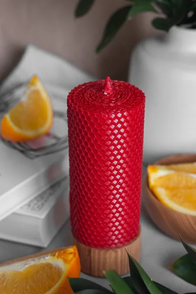 Red Bee Wax Candle Oranges White Vase — Stock Photo, Image