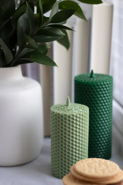 Green Candles Window White Vase Leaf — Stock Photo, Image