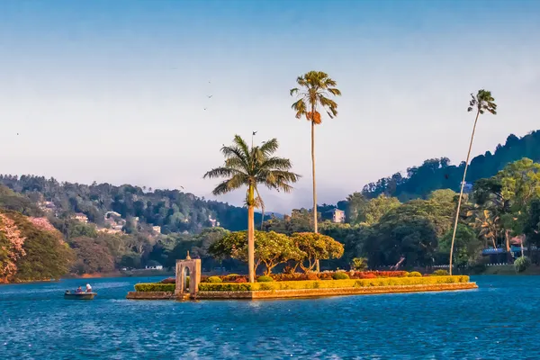 Pequena ilha com palmeiras no meio do lago Kandy — Fotografia de Stock