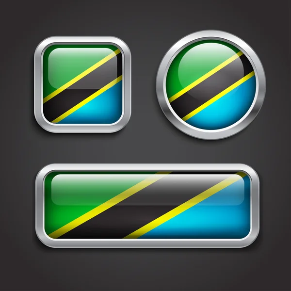 タンザニアの旗ガラスボタンします。 — ストックベクタ