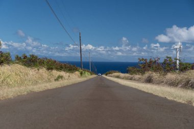 Upolu Noktası yakınlarındaki yel değirmeni çiftliğine giden yol üzerinde direkler ve kablolar olan Büyük Ada, Hawaii