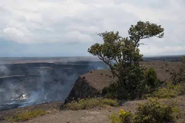 在夏威夷伏尔加诺州立公园Kau沙漠小径上徒步旅行时 可以看到Kilauea火山口周围广阔的空旷空间 — 图库照片