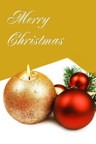 Christmas candle and baubles, greeting card. — Stock Photo, Image