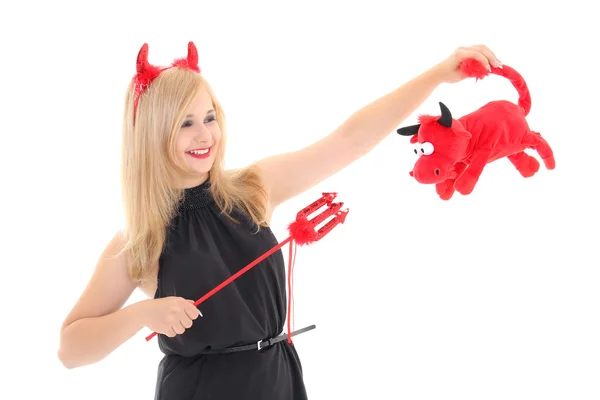 Girl in imp costume with bull — Stock Photo, Image
