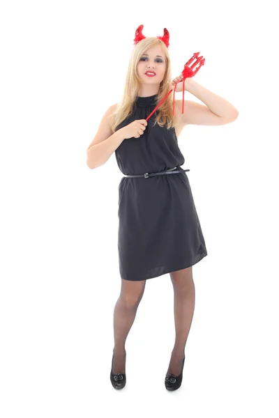 Dangerous blonde girl in imp costume — Stock Photo, Image