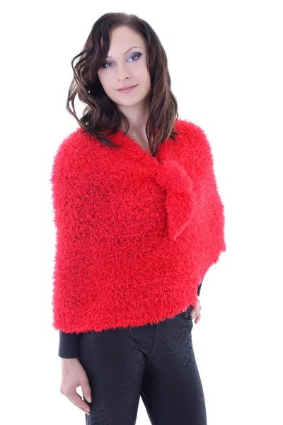 Jeune femme en poncho rouge — Photo