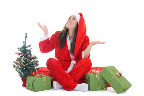 Feliz chica en traje de santa esperando una nieve — Foto de Stock