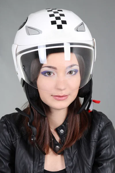 Woman in helmet on head — Stock Photo, Image