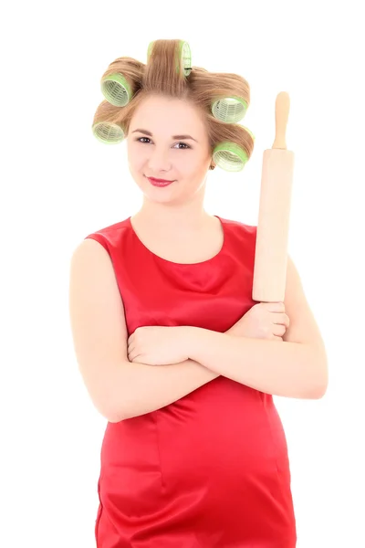 Hemmafru med roller-pin och hår papiljotter — Stockfoto