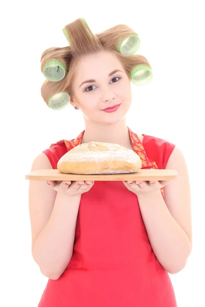 Jovem dona de casa com pão sobre branco — Fotografia de Stock