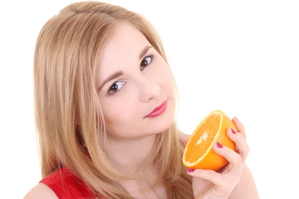 Portrait of attractive girl with orange over white — Stock Photo, Image