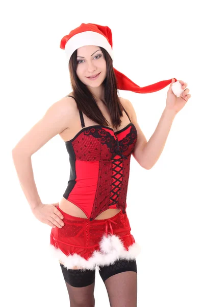 Sexy brunette in lingerie en santa hoed over Wit — Stockfoto