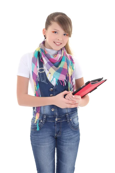 Attractive girl holding tablet pc over white — Stock Photo, Image