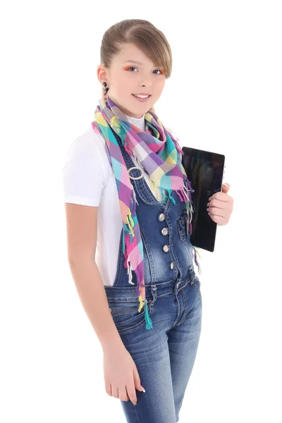 Attractive teenage girl holding tablet pc over white — Stock Photo, Image