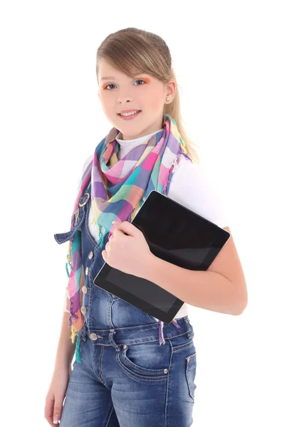 Hermosa niña adolescente sosteniendo tablet pc sobre blanco — Foto de Stock