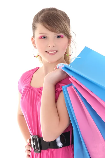 Retrato de menina adolescente feliz com sacos de compras — Fotografia de Stock