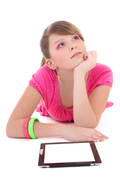 Dreaming teenage girl with tablet pc — Stock Photo, Image