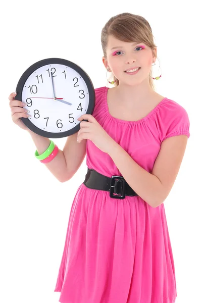 Teenage girl with clock isolated over white — Stock Photo, Image