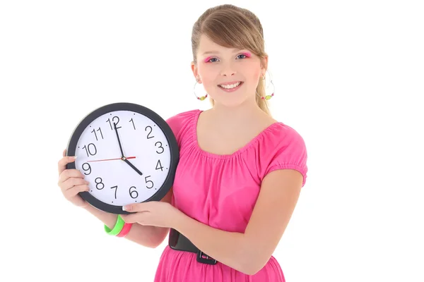 Beautiful teenage girl with clock isolated over white — Stock Photo, Image
