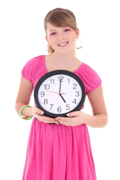 Portrait of beautiful teenage girl with clock isolated over whit — Stock Photo, Image