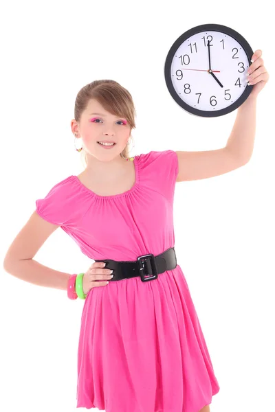 Portrait of teenage girl with clock isolated over white backgrou — Stock Photo, Image