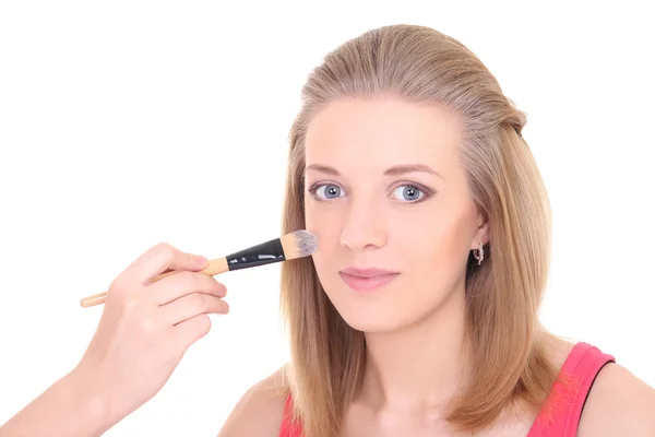 Beautiful girl with make-up brush — Stock Photo, Image