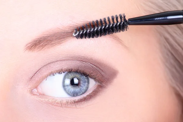 Beautiful woman brushing eyebrows with makeup brush — Stock Photo, Image