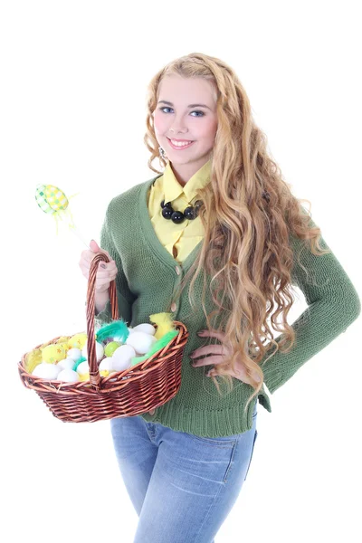 Beautiful blondie girl with easter eggs in the basket — Stock Photo, Image
