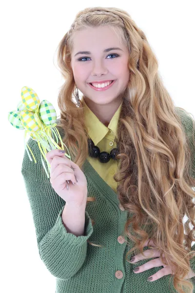 Beautiful curly blondie girl with easter eggs over white — Stock Photo, Image