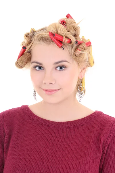 Attractive girl with curlers in her hair — Stock Photo, Image