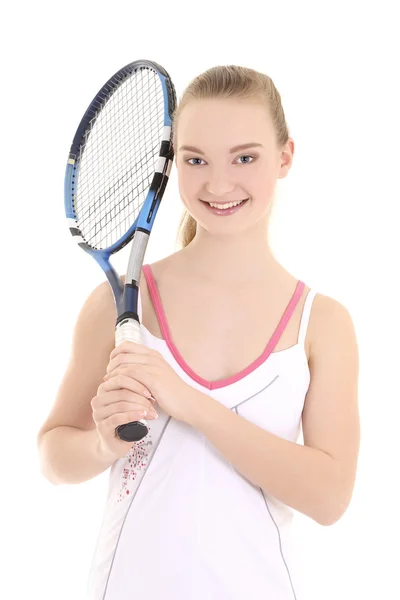 Retrato de mujer joven deportiva con raqueta de tenis —  Fotos de Stock