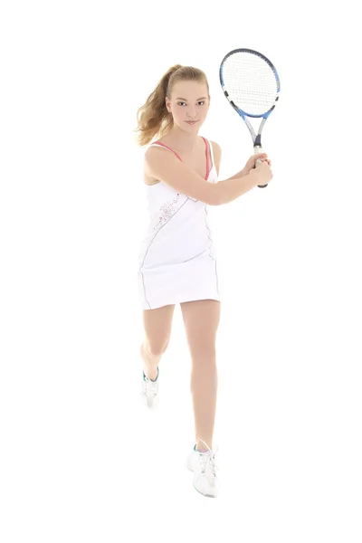 Young sporty woman running with tennis racket — Stock Photo, Image
