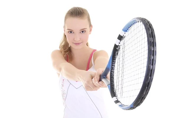 Chica atractiva deportiva con raqueta de tenis —  Fotos de Stock