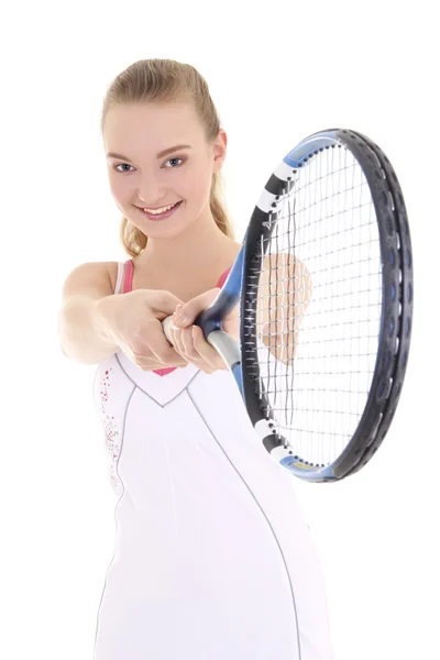 Aantrekkelijk meisje met tennisracket — Stockfoto