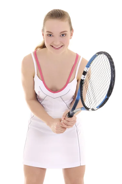 Unga vackra kvinnliga tennisspelare med racketen över vita — Stockfoto