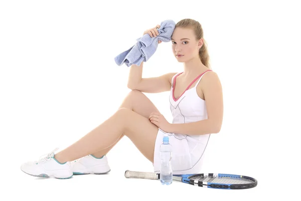 Young beautiful female tennis player tired — Foto Stock