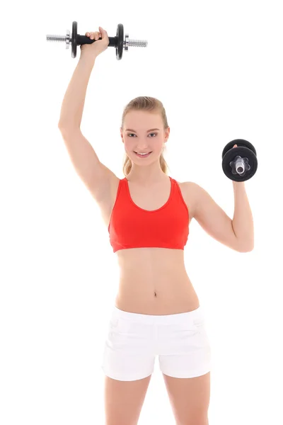 Beautiful woman with dumbbells over white — Stock Photo, Image