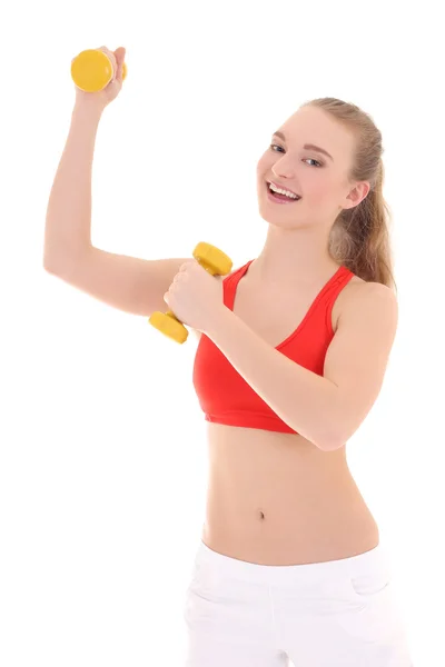 Beautiful woman with yellow dumbbells — Stock Photo, Image