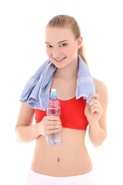 Schöne sportliche Frau mit Flasche Wasser — Stockfoto