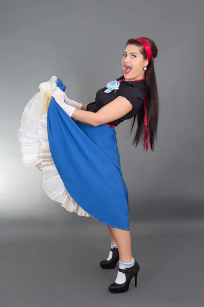 Funny brunette woman in retro clothes — Stock Photo, Image