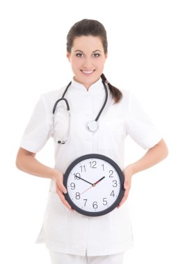 Beyaz arka plan üzerinde izole saati ile kadın doktor