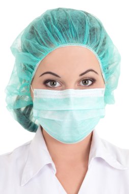 Resim üzerinde beyaz maskeli kadın doktor