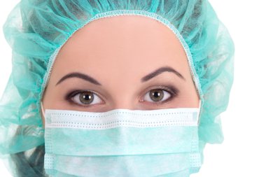 Mavi maske ve kap kadın doktor portresi kadar WHI kapatın.