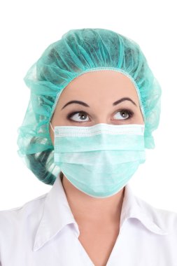 Mavi maske ve cap doktor portresi kadar beyaz kapatın.