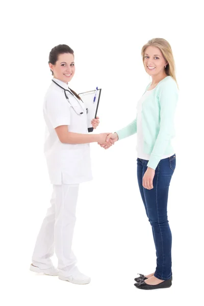 Paziente femminile e il medico stringe la mano isolato sopra bianco — Foto Stock